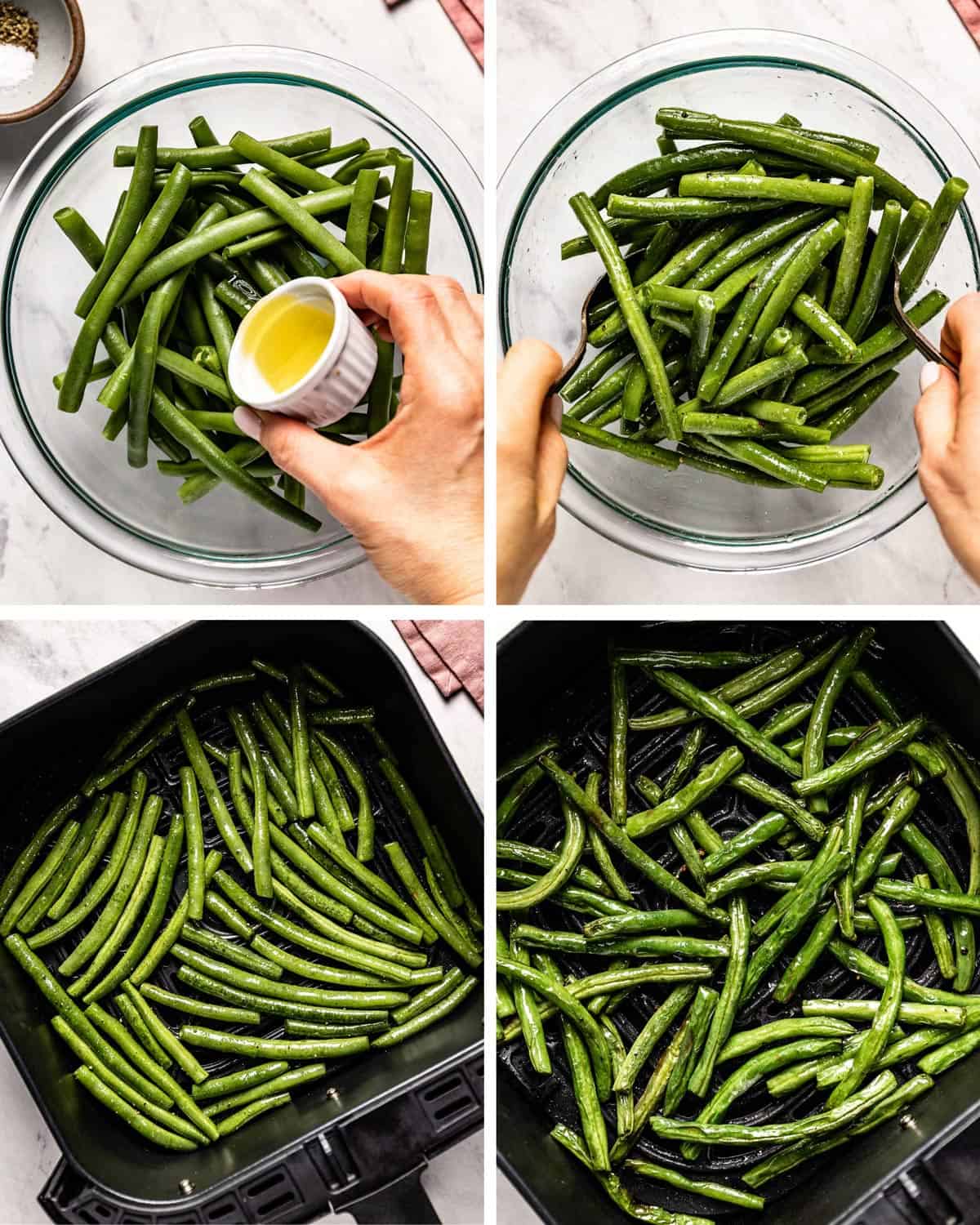 Four images showing how to air fry green beans