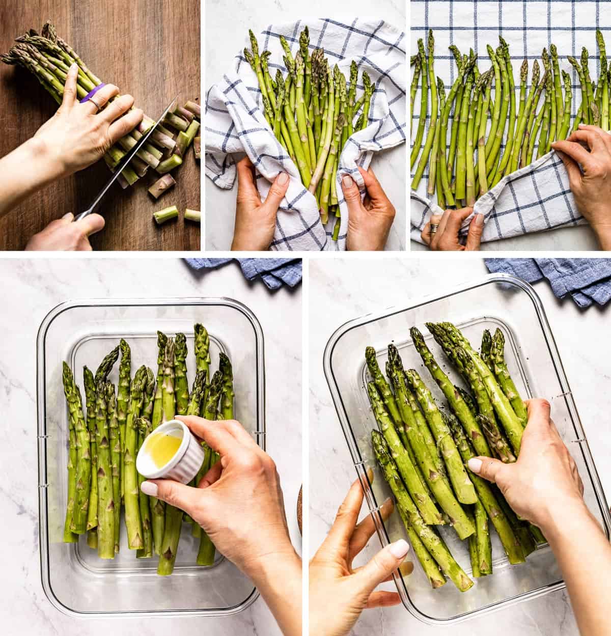 person showing how to prepare asparagus for cooking with multiple step by step pictures