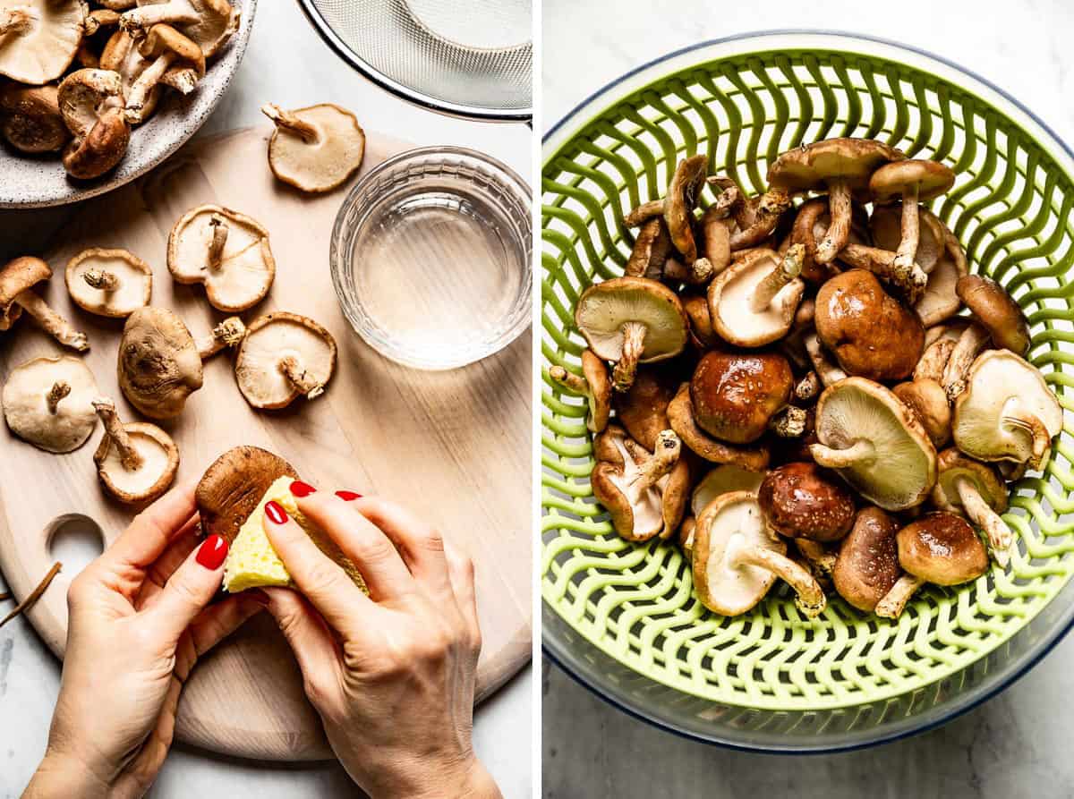 Person showing how to clean shiitake mushrooms by hand and by using a salad spinner