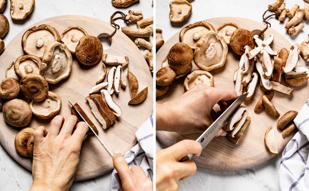 person showing how to slice shiitake mushrooms