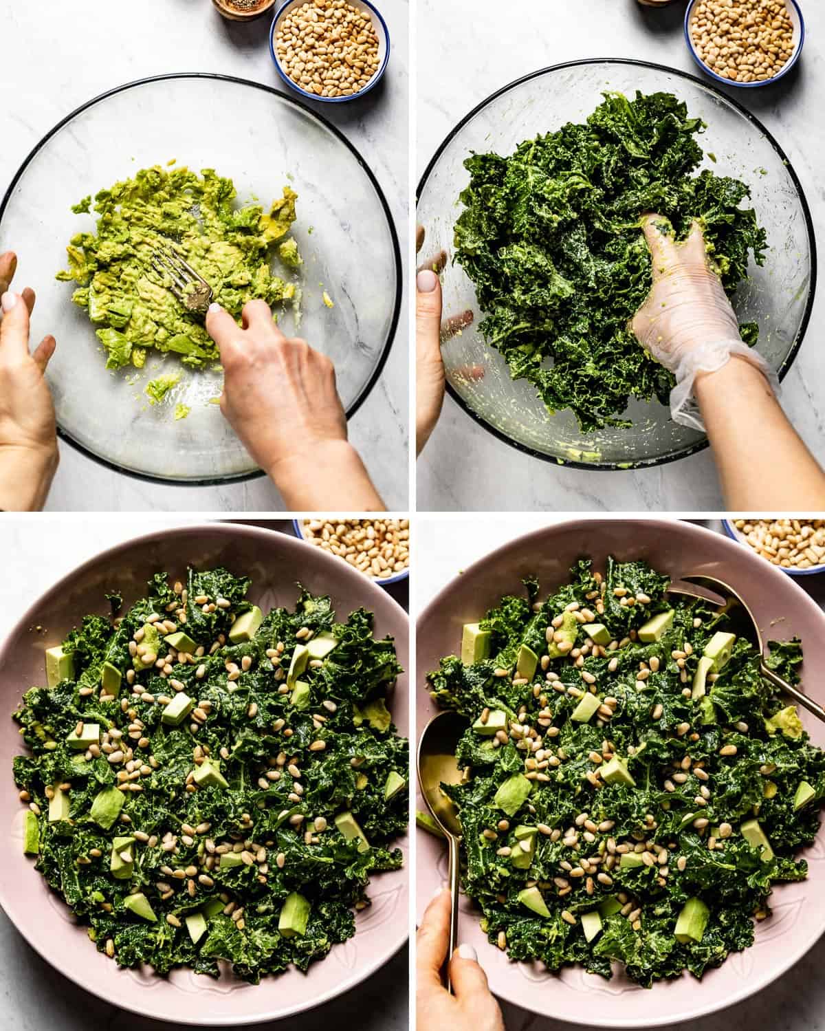 a collage of photos showing how to make kale and avocado salad