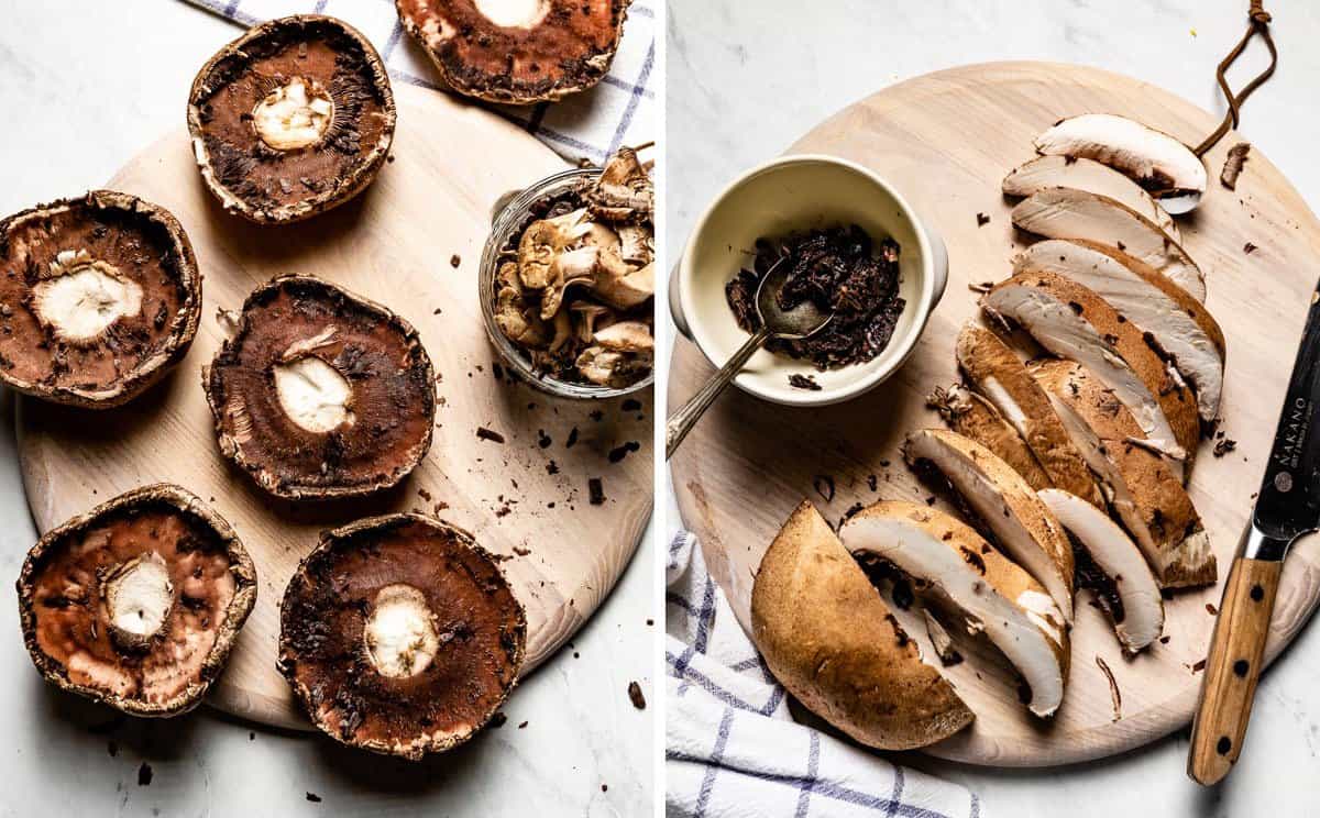 photos showing cleaned whole and sliced portobello mushrooms