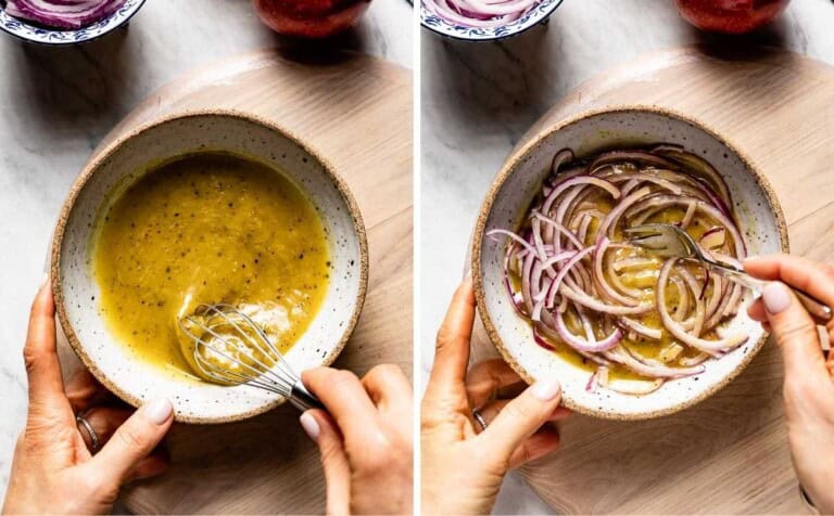 A collage of images showing the making of the dressing.