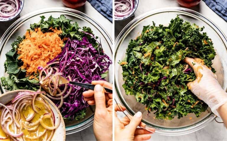 Person showing how to massage kale for the slaw.