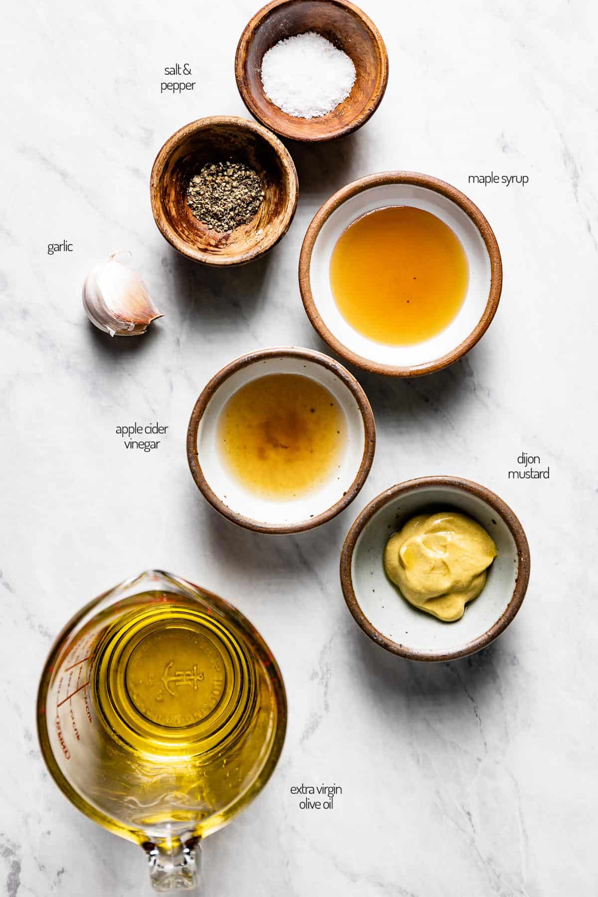 ingredients for the recipe portioned in bowls from top view