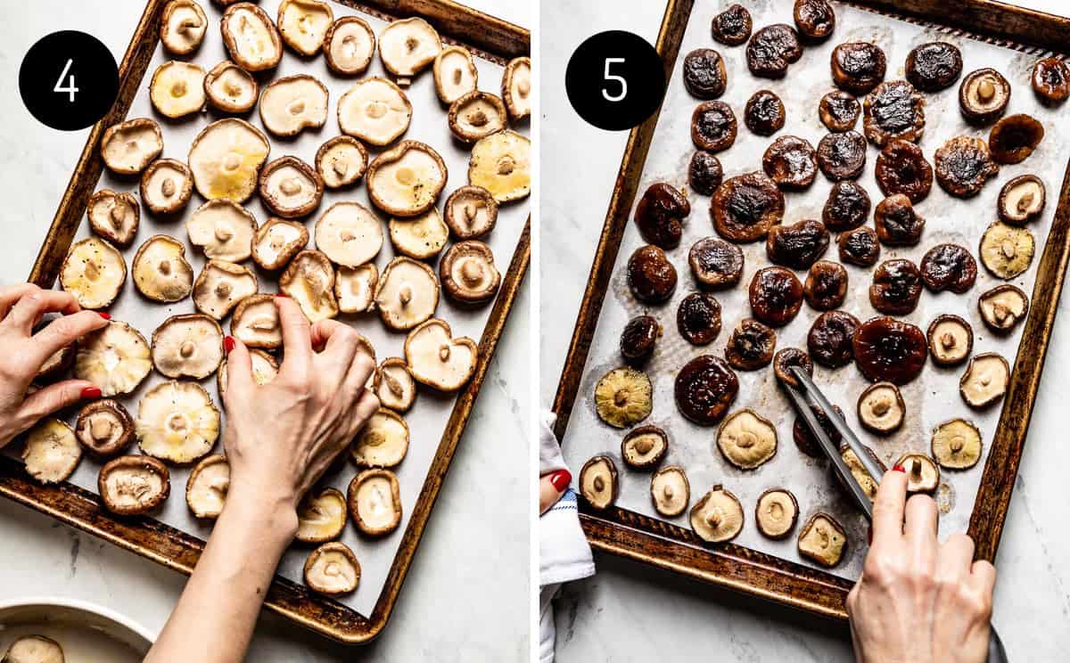 person arranging mushrooms on a sheet pan