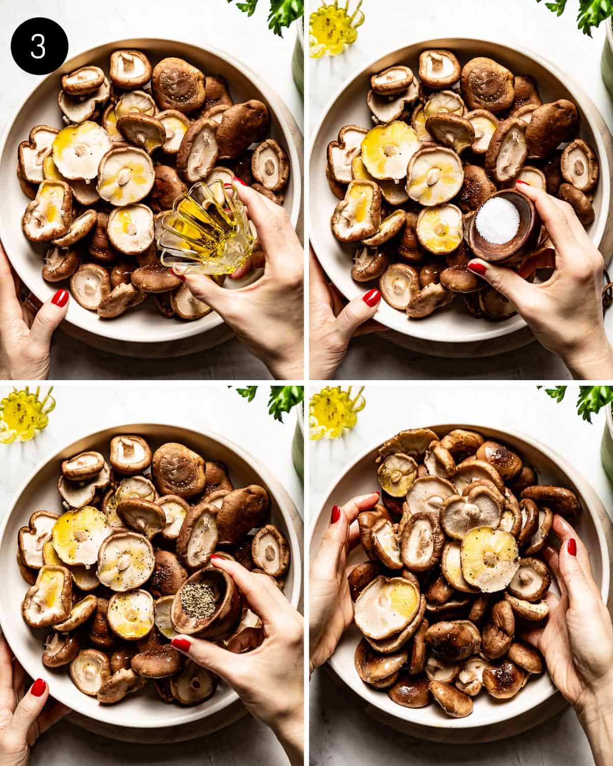 person seasoning shiitake mushrooms for baking