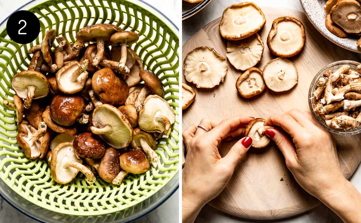 person cleaning shiitake mushrooms