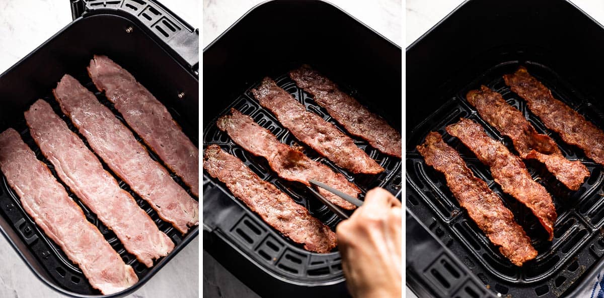 Steps showing how to make turkey bacon in the air fryer