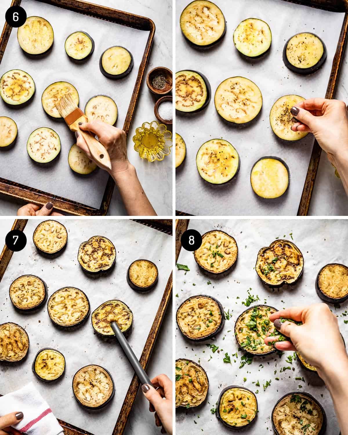 a collage of images showing how to prepare eggplant slices for baking