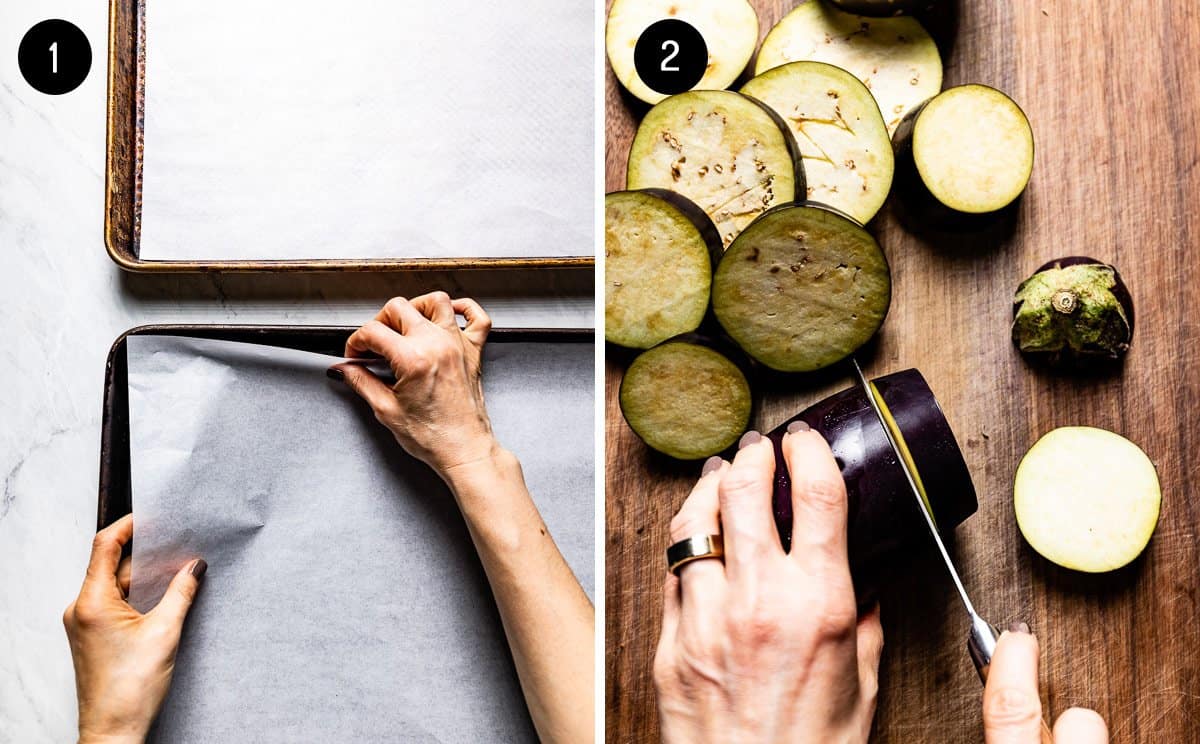person lining sheet pan with parchment and slicing eggplant