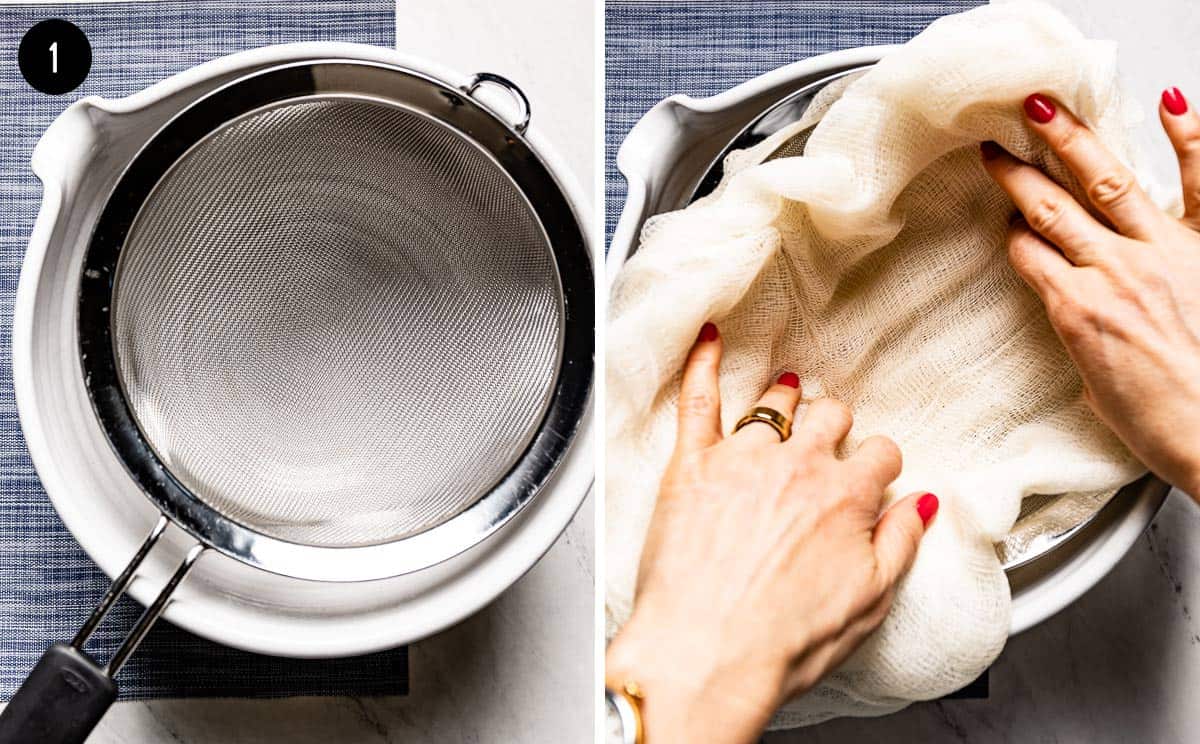person placing cheesecloth in large sieve over a bowl