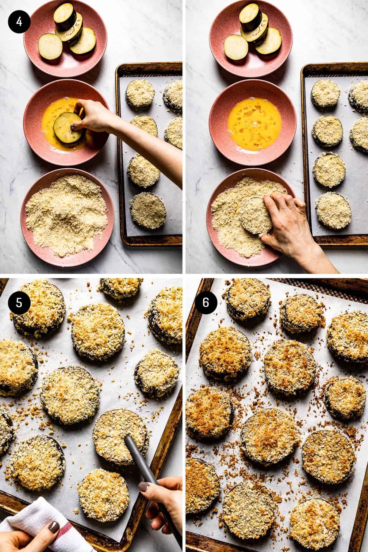 person showing how to make crispy baked eggplant in four steps in a collage