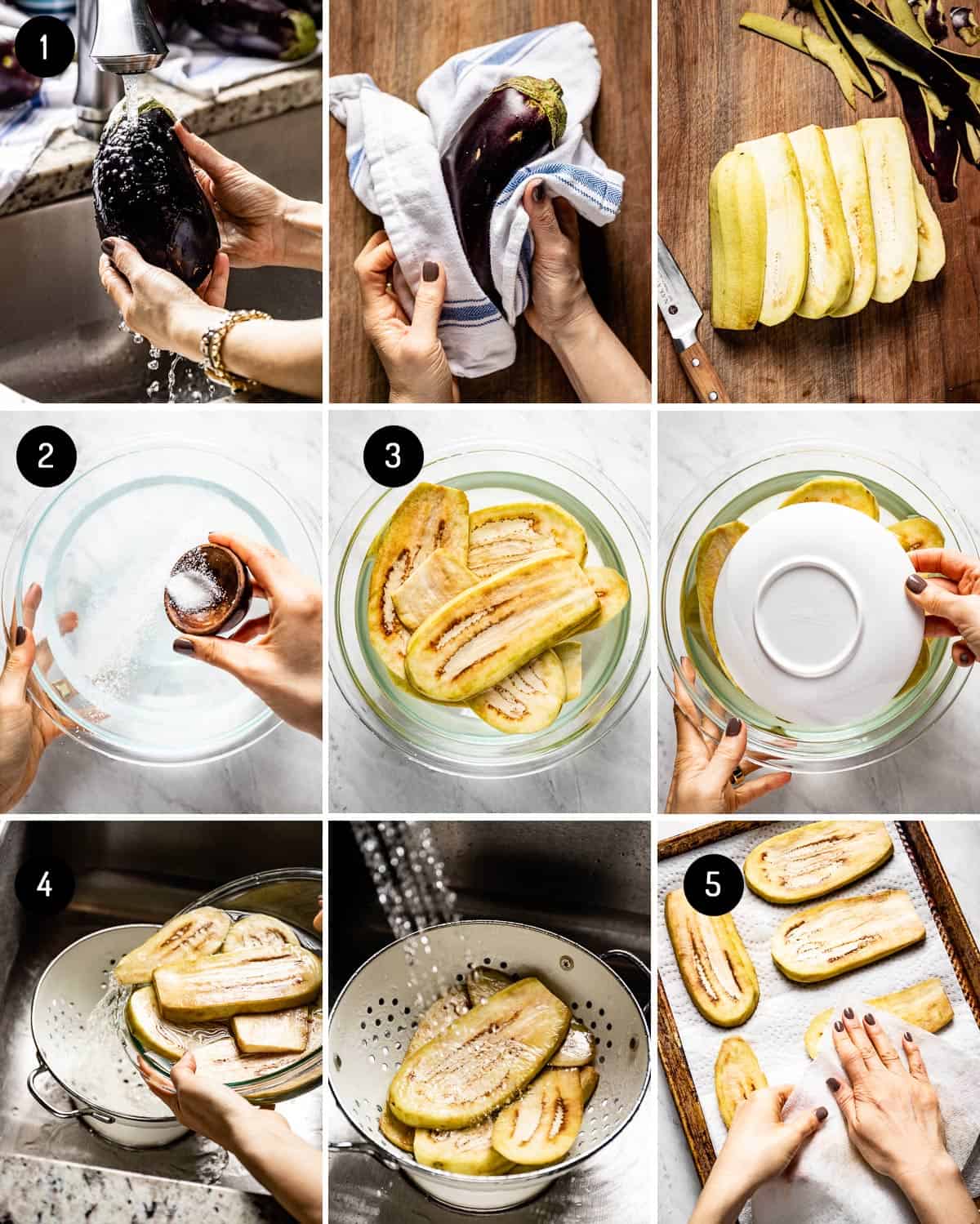 person showing how to salt eggplant using brining method in several photos