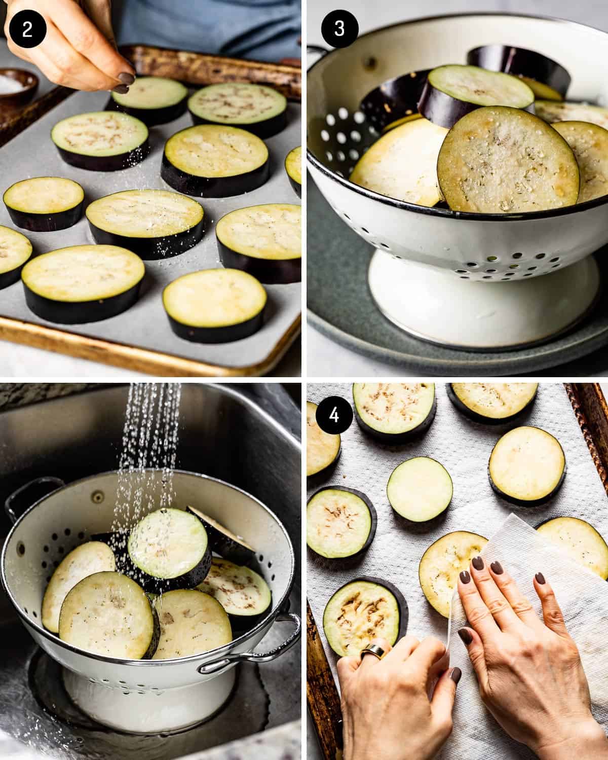 person showing how to tenderize aubergine by purging in a collage of images