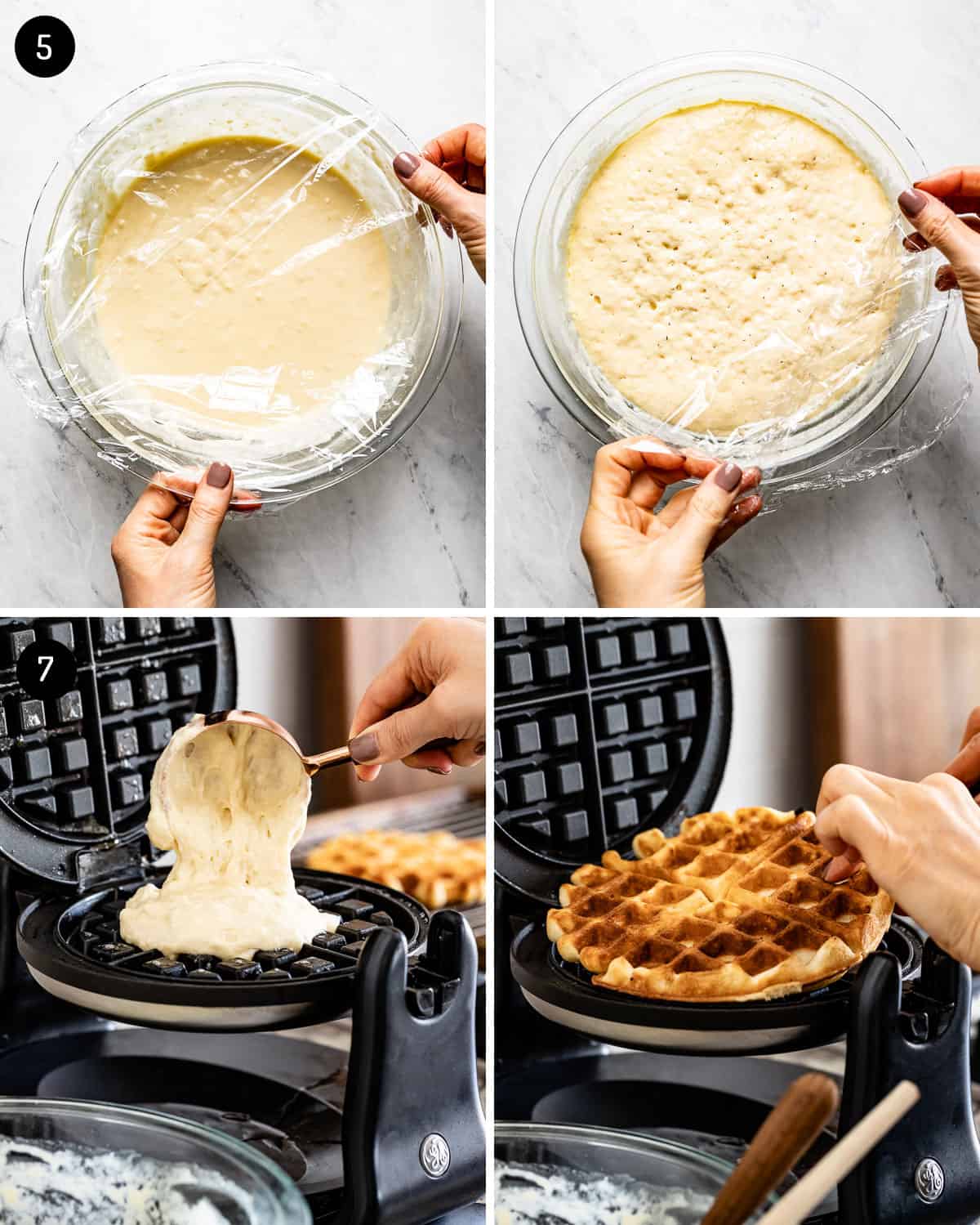 Person cooking the batter using a Belgian waffle iron