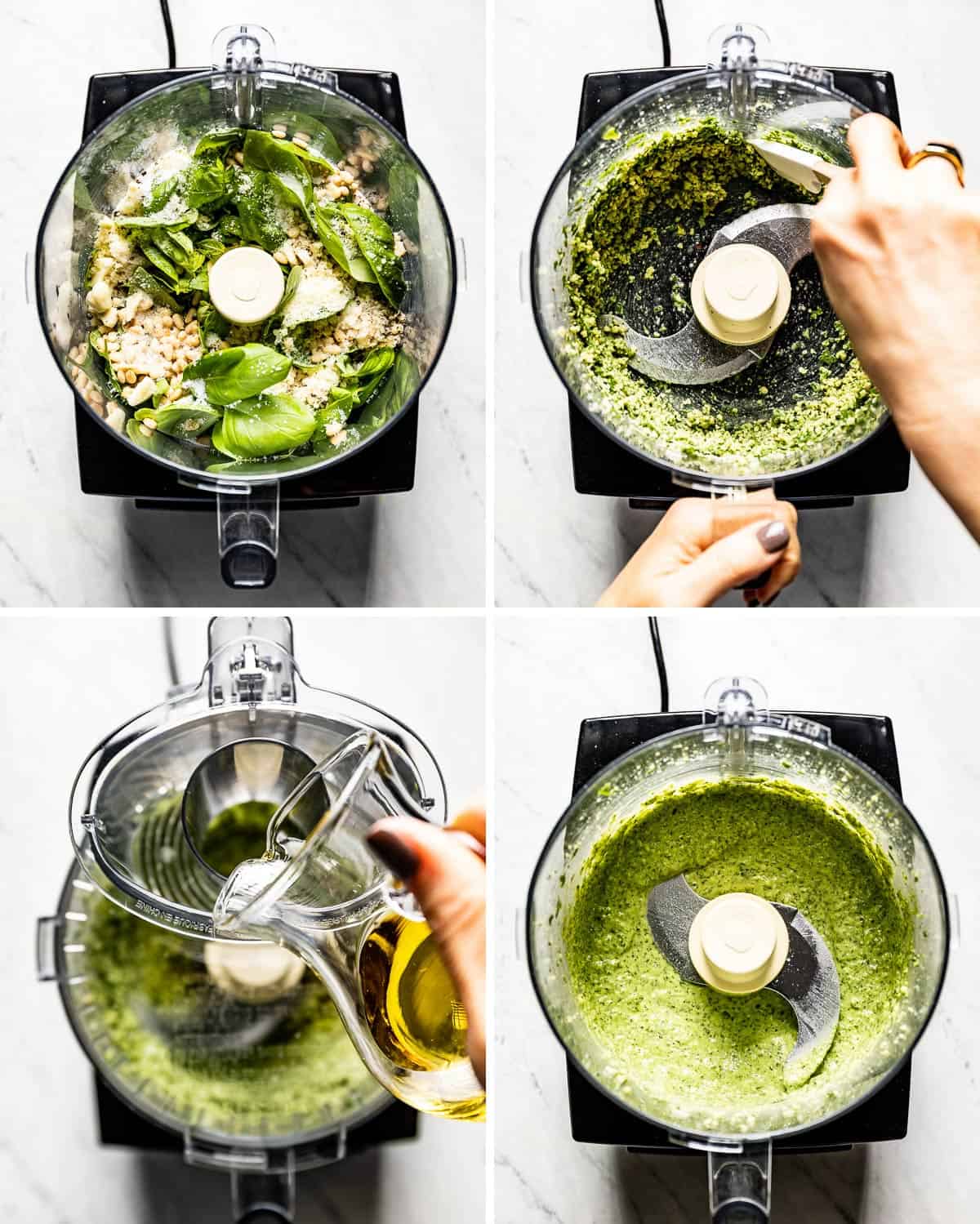 a collage of photos showing how to make pesto vinaigrette