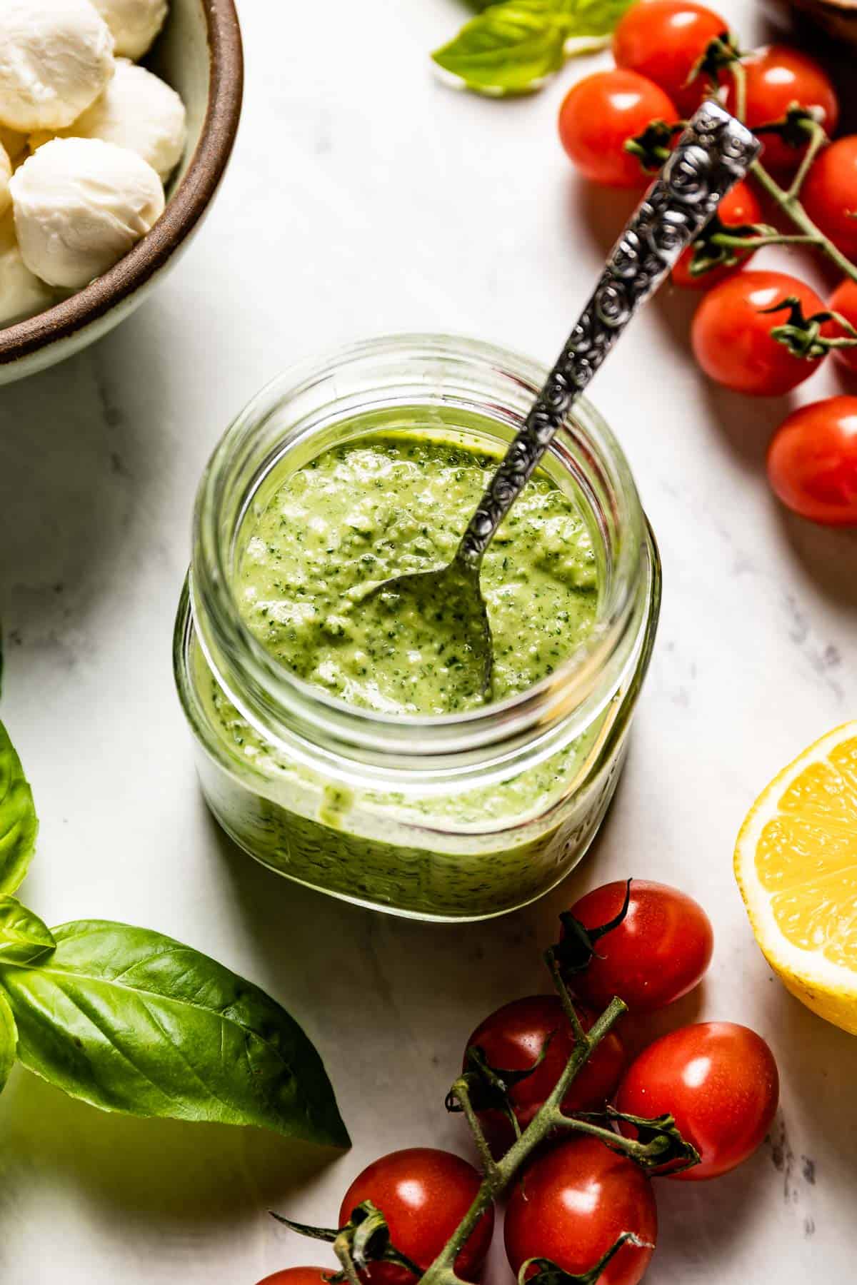 Basil Pesto Salad dressing in a jar