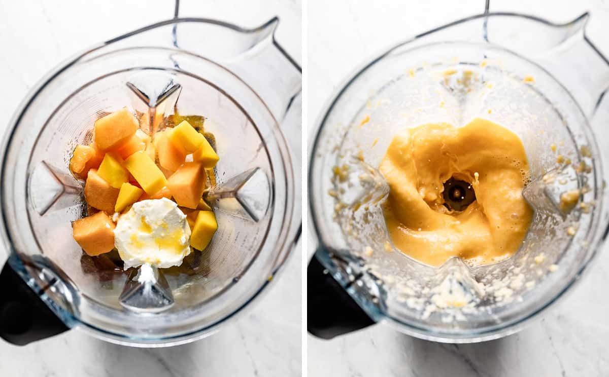 two images showing how to make smoothie with cantaloupe