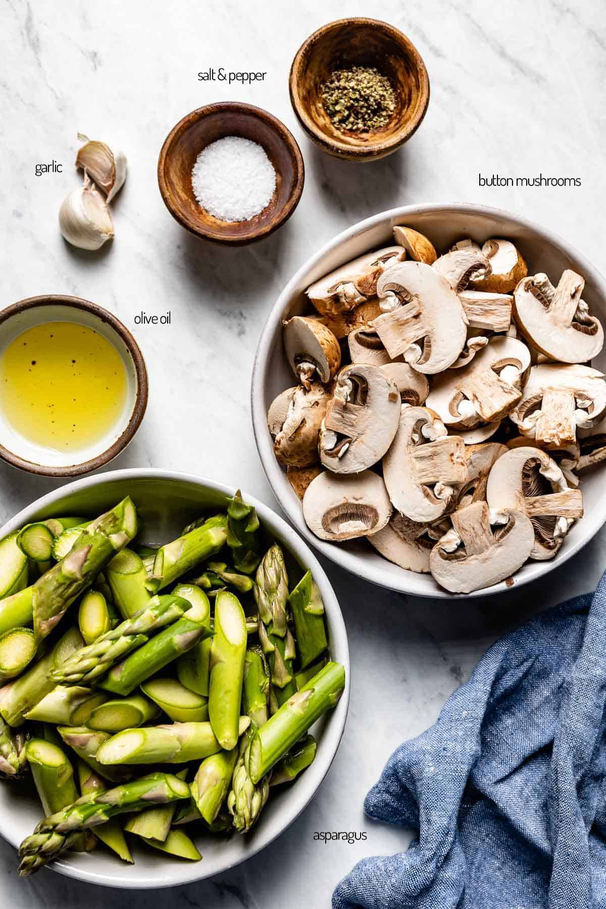 ingredients for the recipe are laid out in bowls