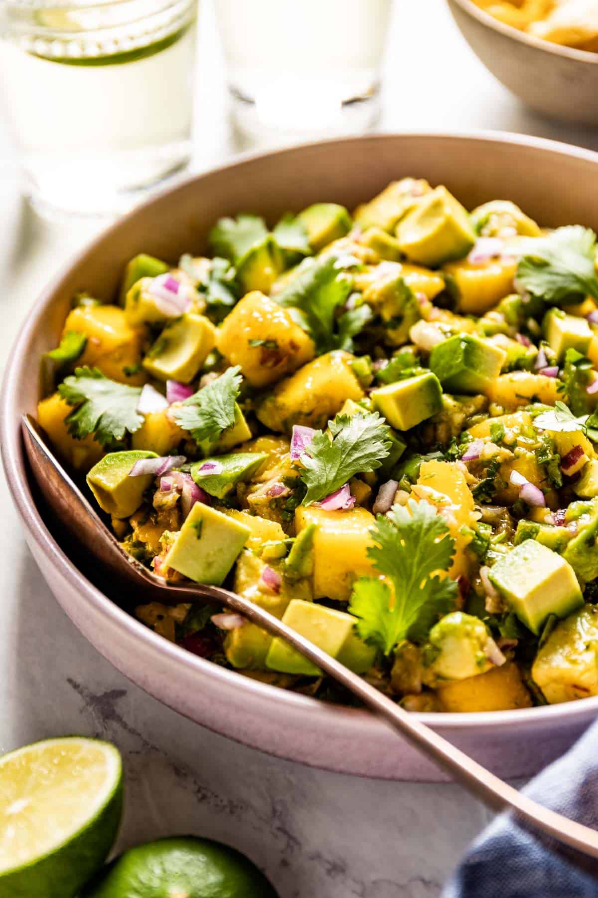 Salad with mango and avocado in a bowl from the front view