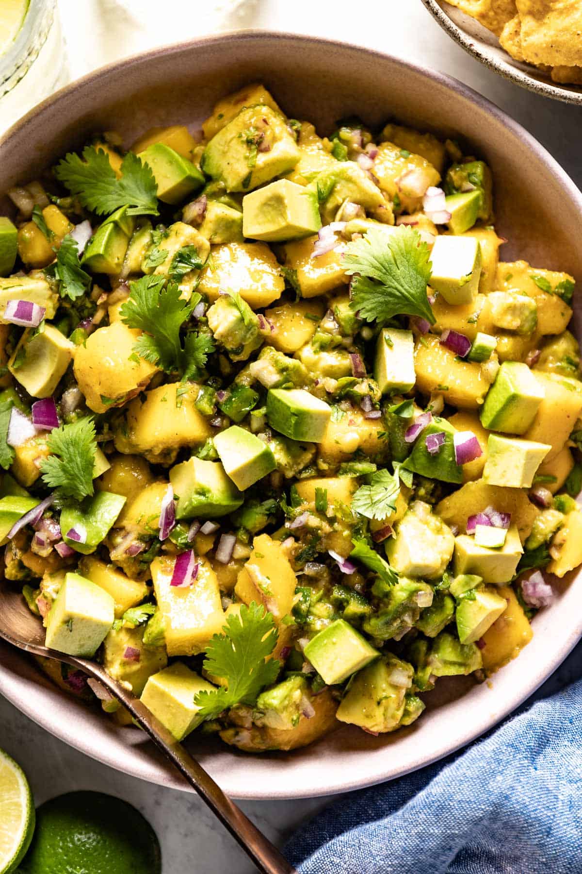 Avocado Mango Salad in a bowl with a spoon on the side.