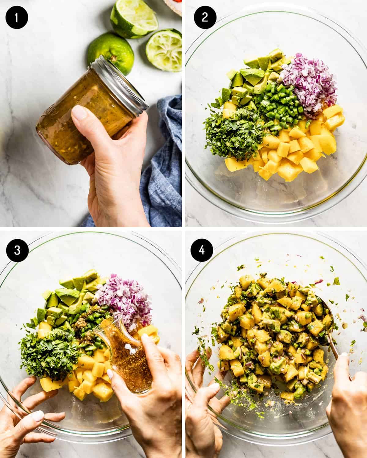 person showing how to make mango avocado salad