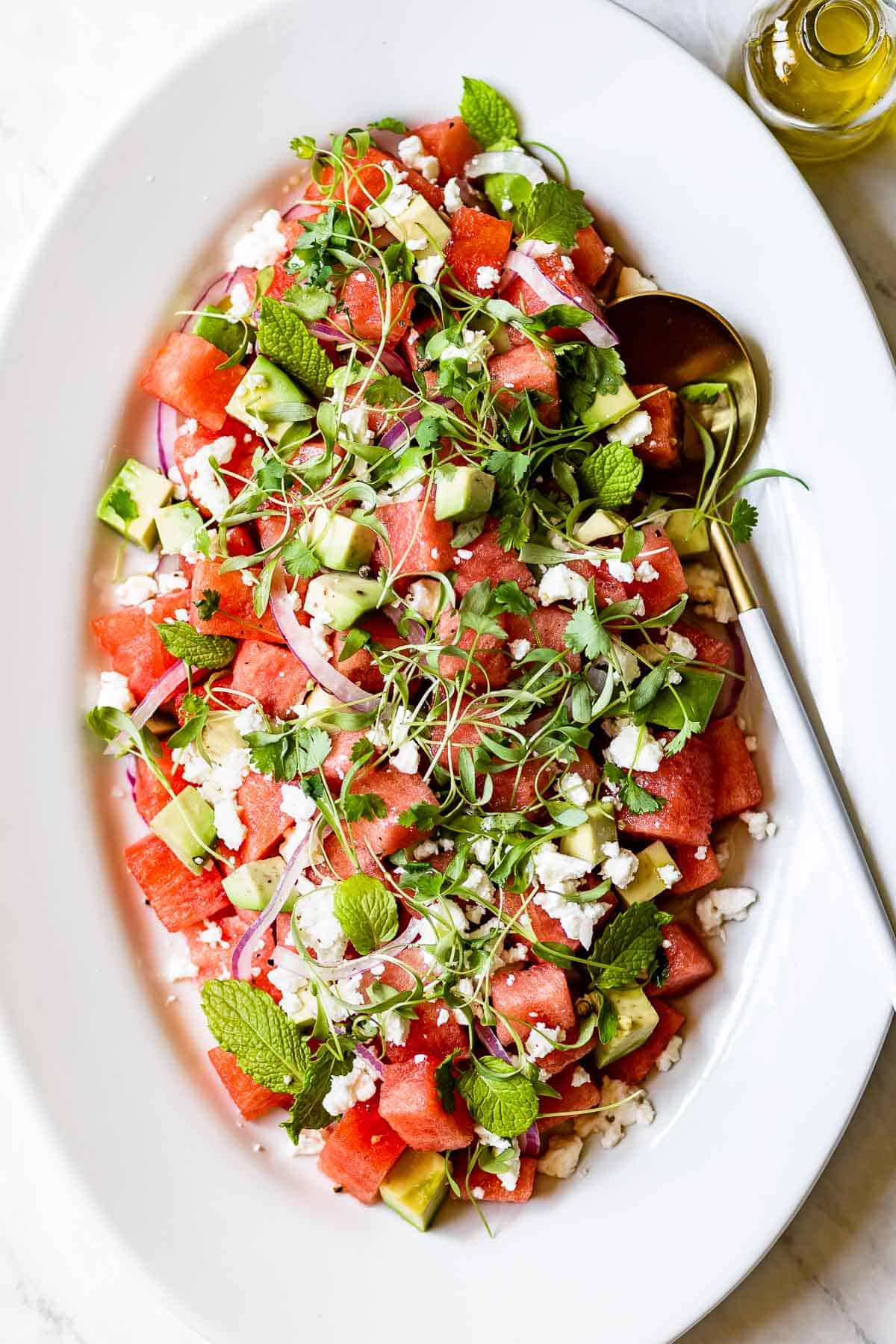watermelon avocado salad from the top