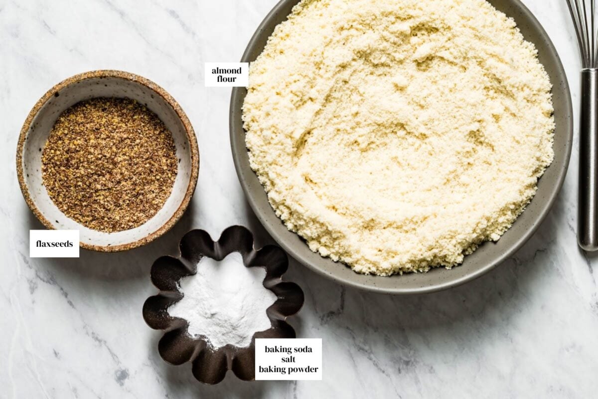 Dry ingredients, almond flour, ground flaxseeds, baking soda, and salt from the top view.