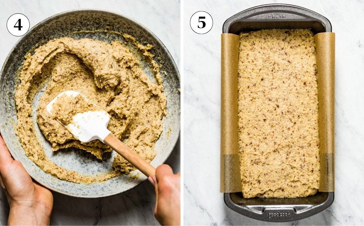 Person mixing the almond flour quick bread in a bowl and the batter placed in a loaf pan.