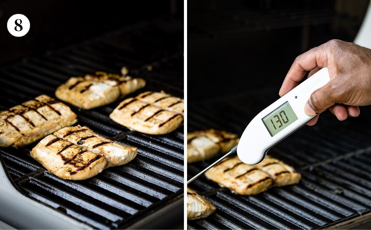 A collage of images showing grilled mahi mahi and a person holding a thermometer showing 130°F.