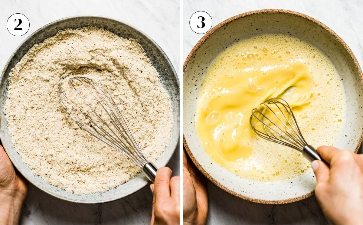 A collage of images showing the mixing of dry and wet ingredients to make almond flour bread.