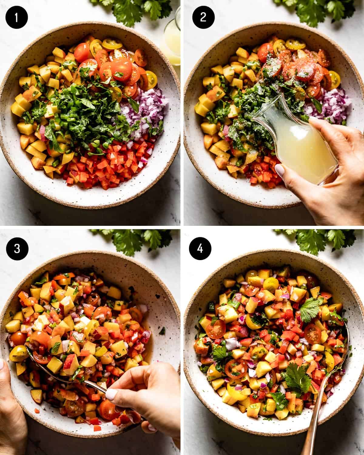 A collage of images showing how to make peach salsa
