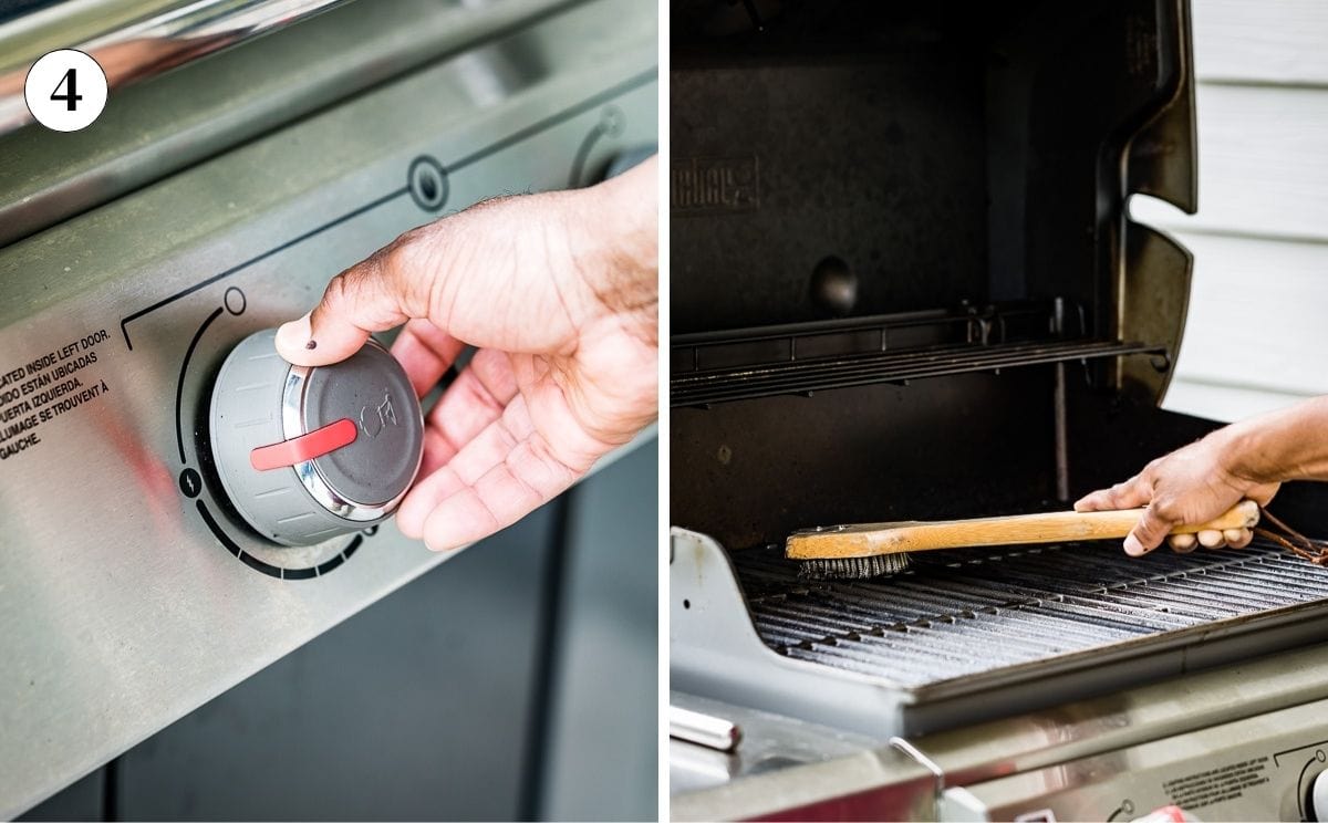 A collage of images showing person heating and cleaning the grill.