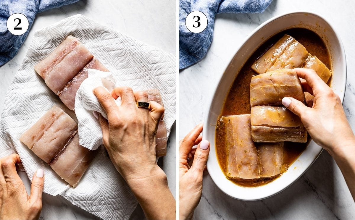 Person drying mahi mahi filets for marinating and soaking them in the marinade.