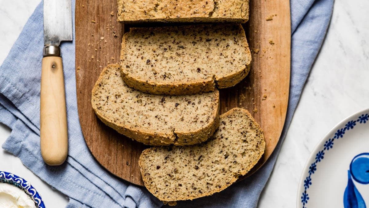 Sliced almond flour bread from the top view.