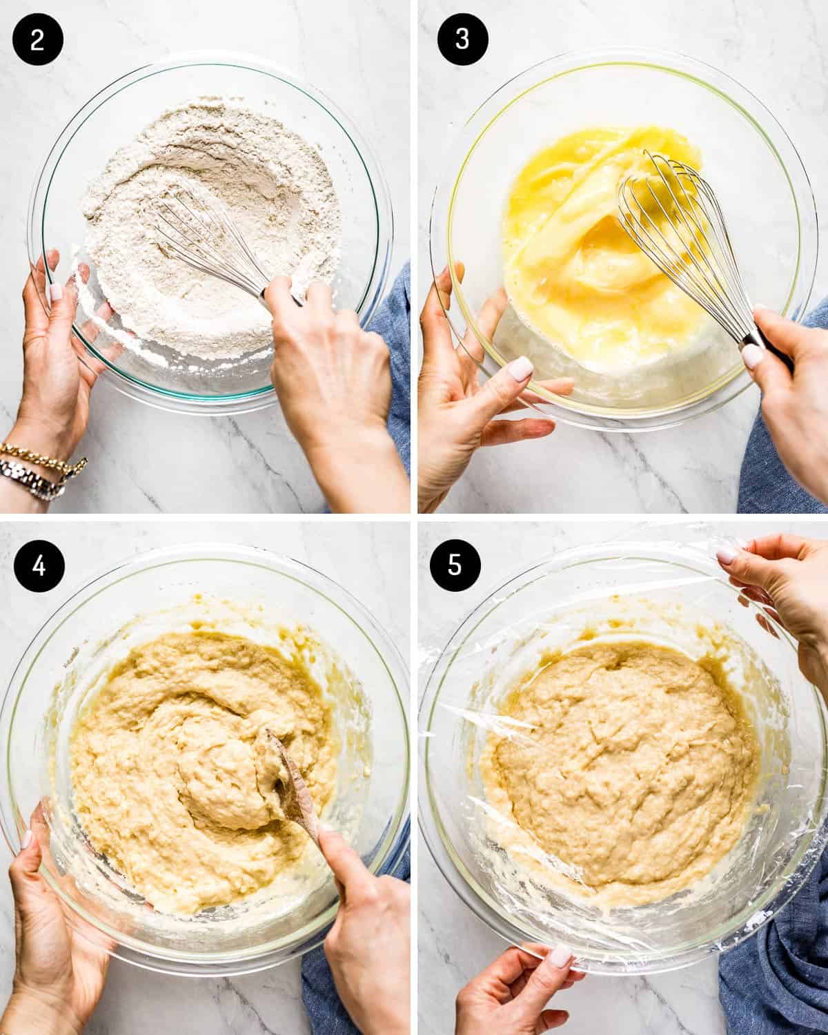 person showing how to mix dry and wet ingredients for the recipe in a collage
