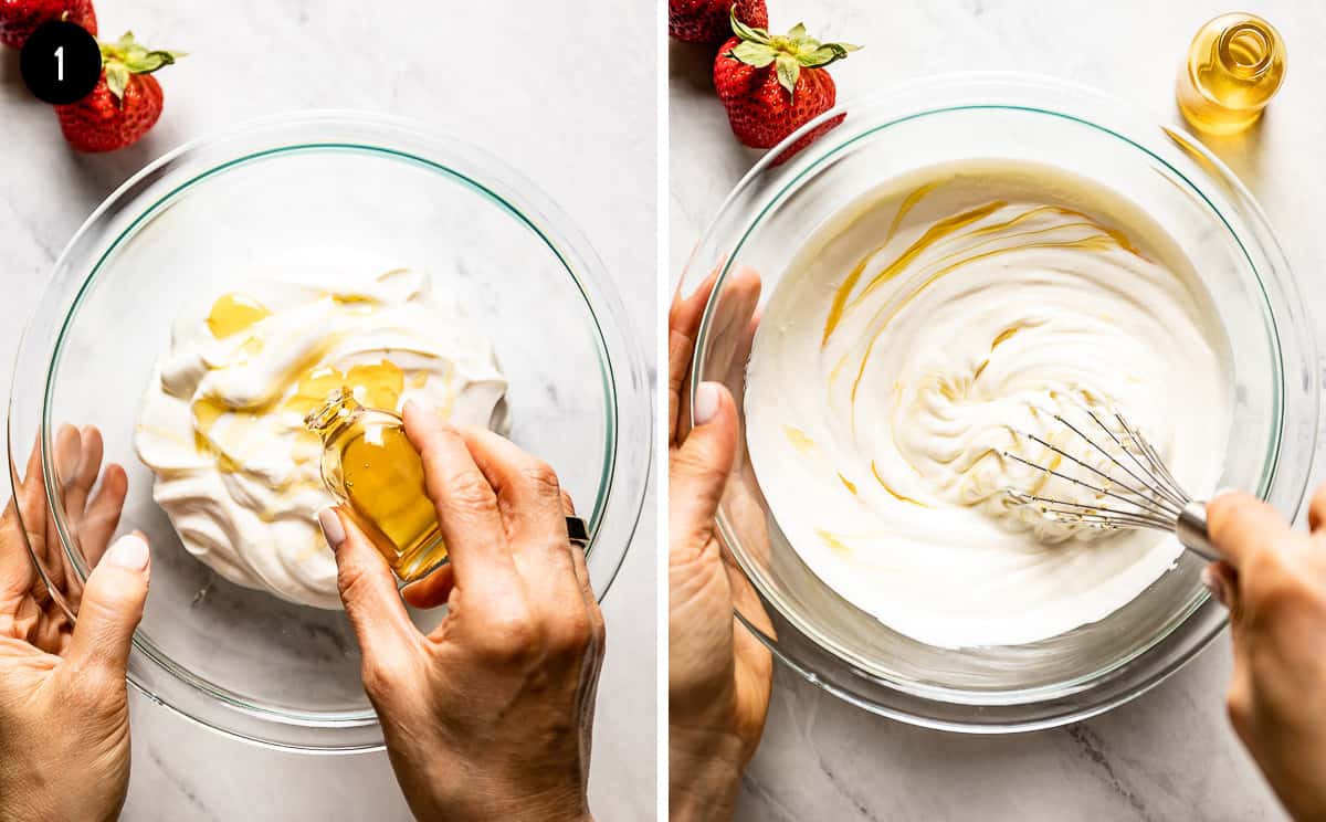 person whisking yogurt with honey in a bowl