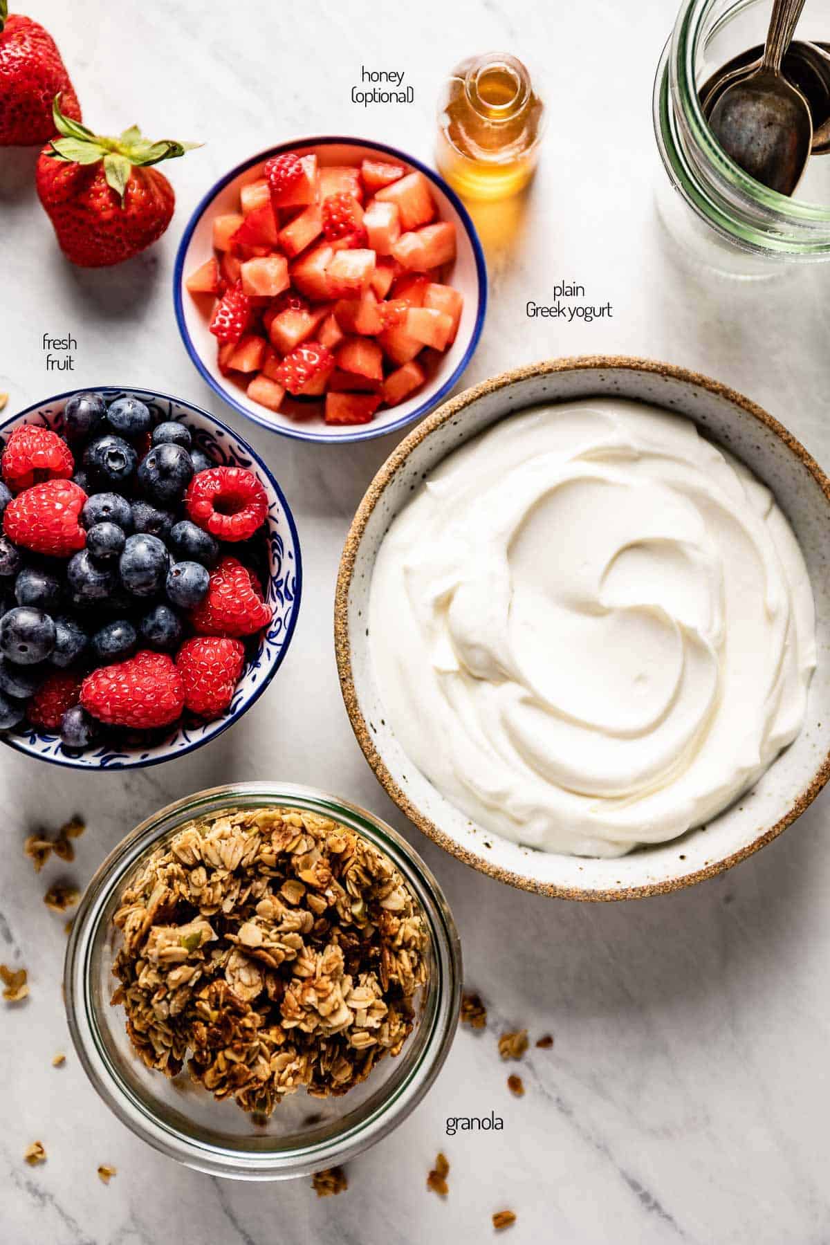 ingredients for yogurt parfait recipe from the top view