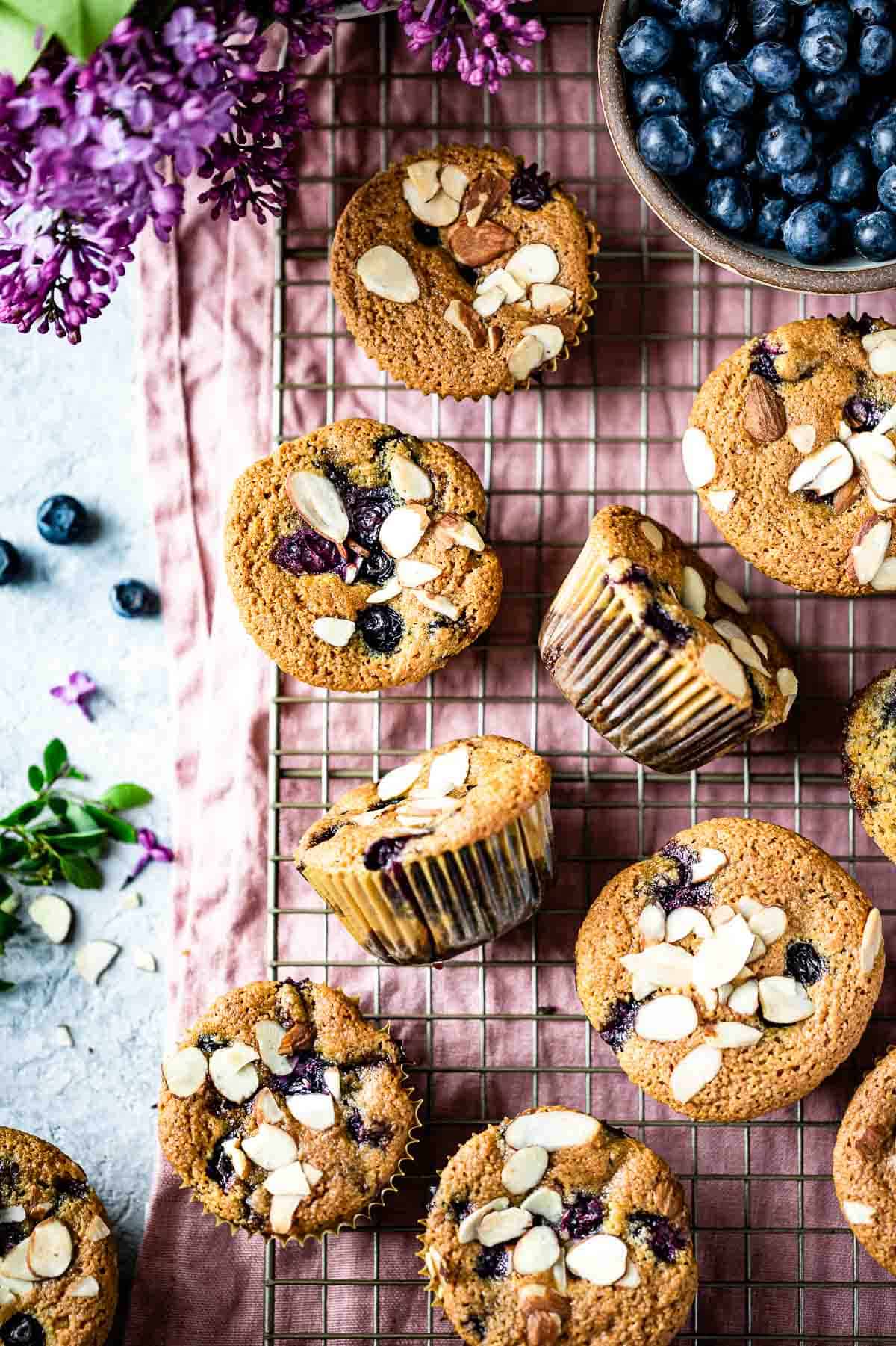 Blueberry Almond flour muffins on a wire rack from the top view