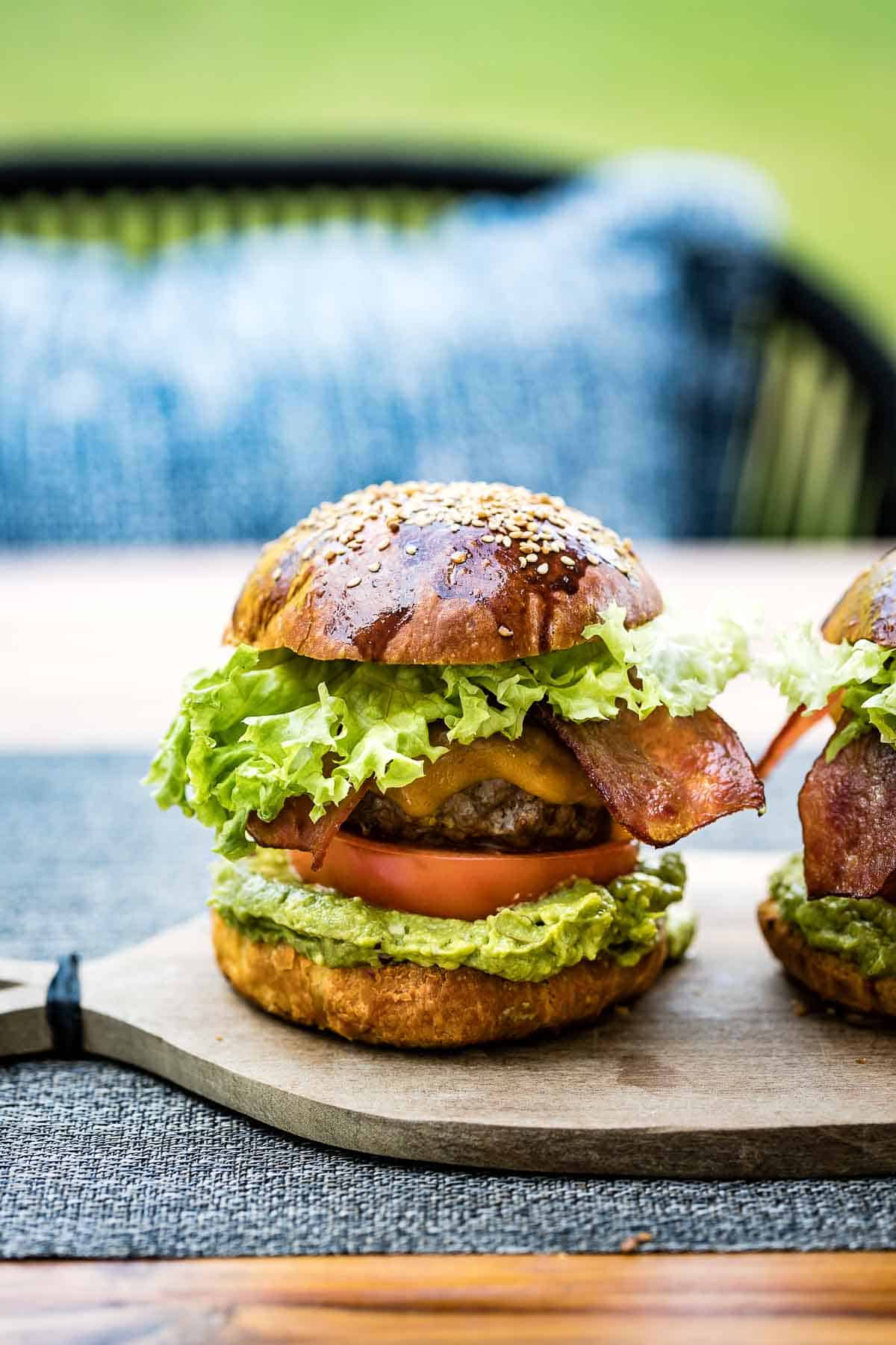 bacon avocado burger from the front view