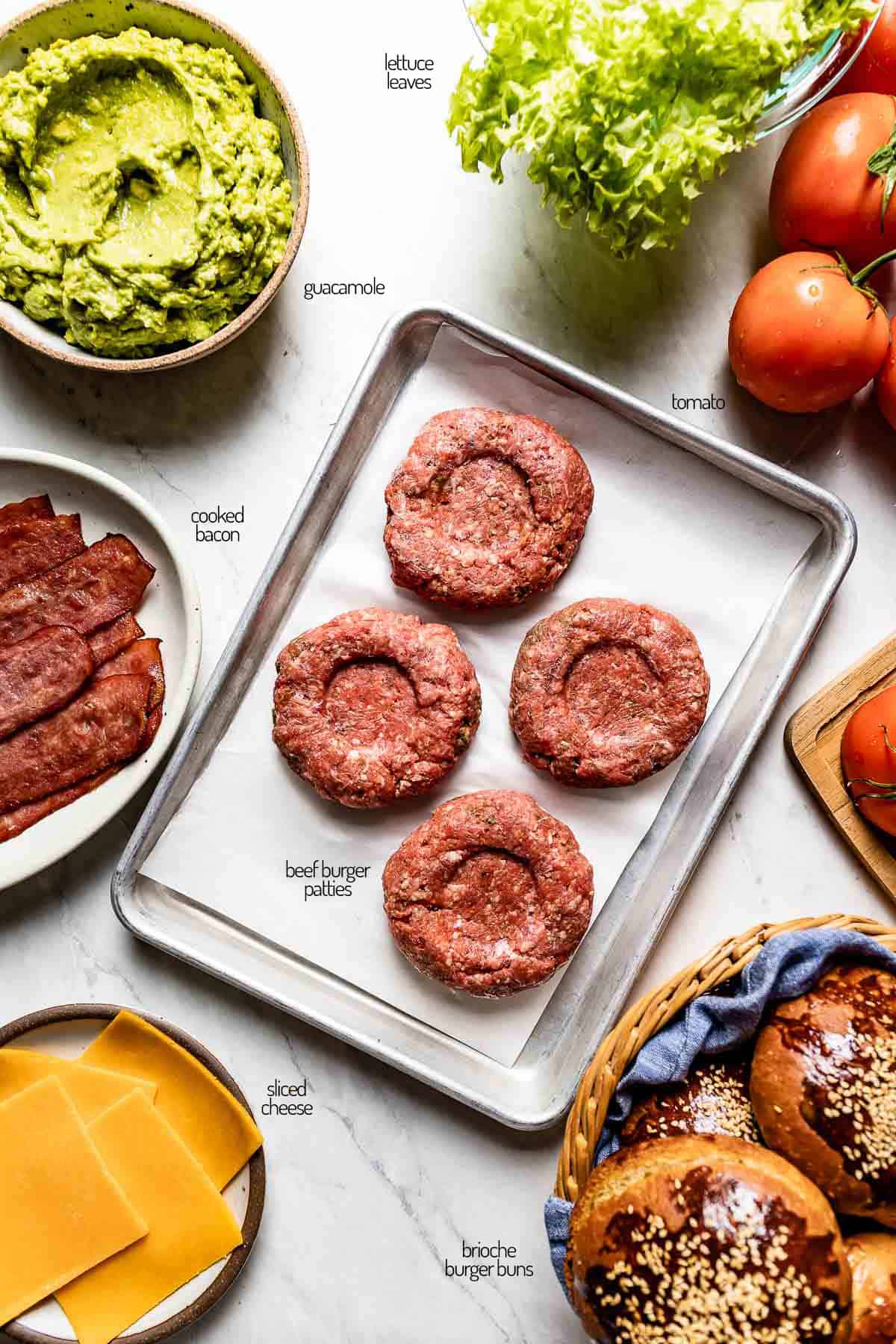 ingredients for guac bacon burger from the top view