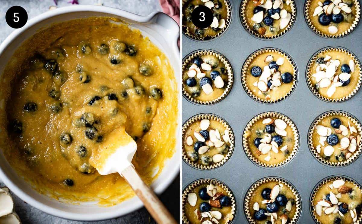 muffin batter in a bowl and in muffin tins