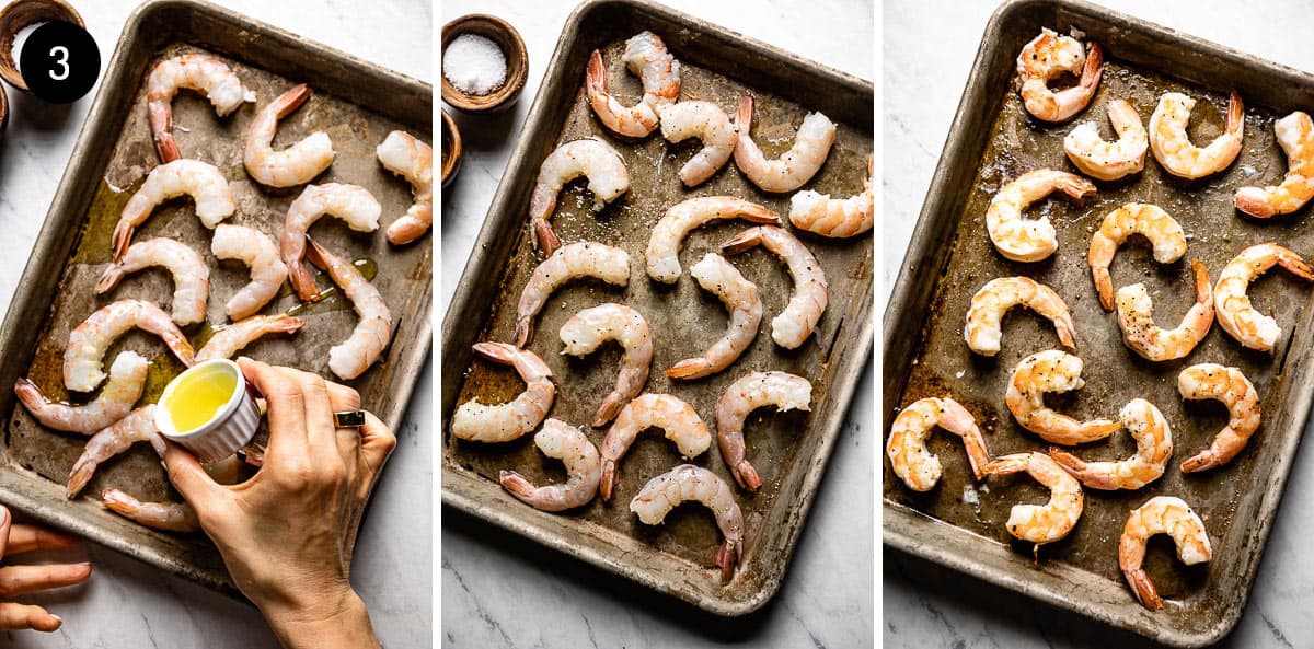 Three images showing how to roast shrimp
