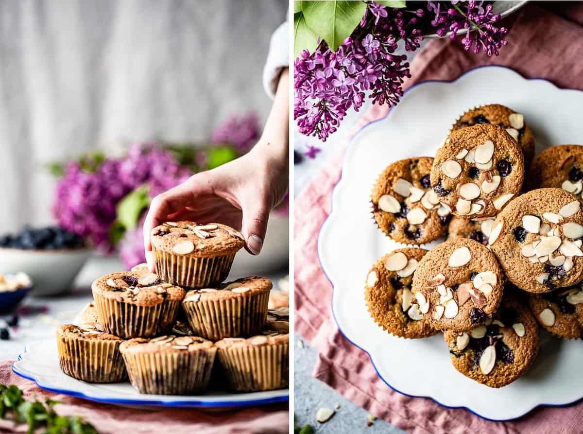 two images showing gluten free low sugar blueberry muffins after they are baked