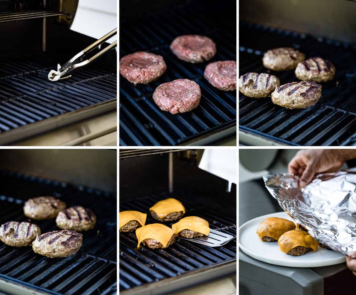 a collage of images showing how to grill burgers
