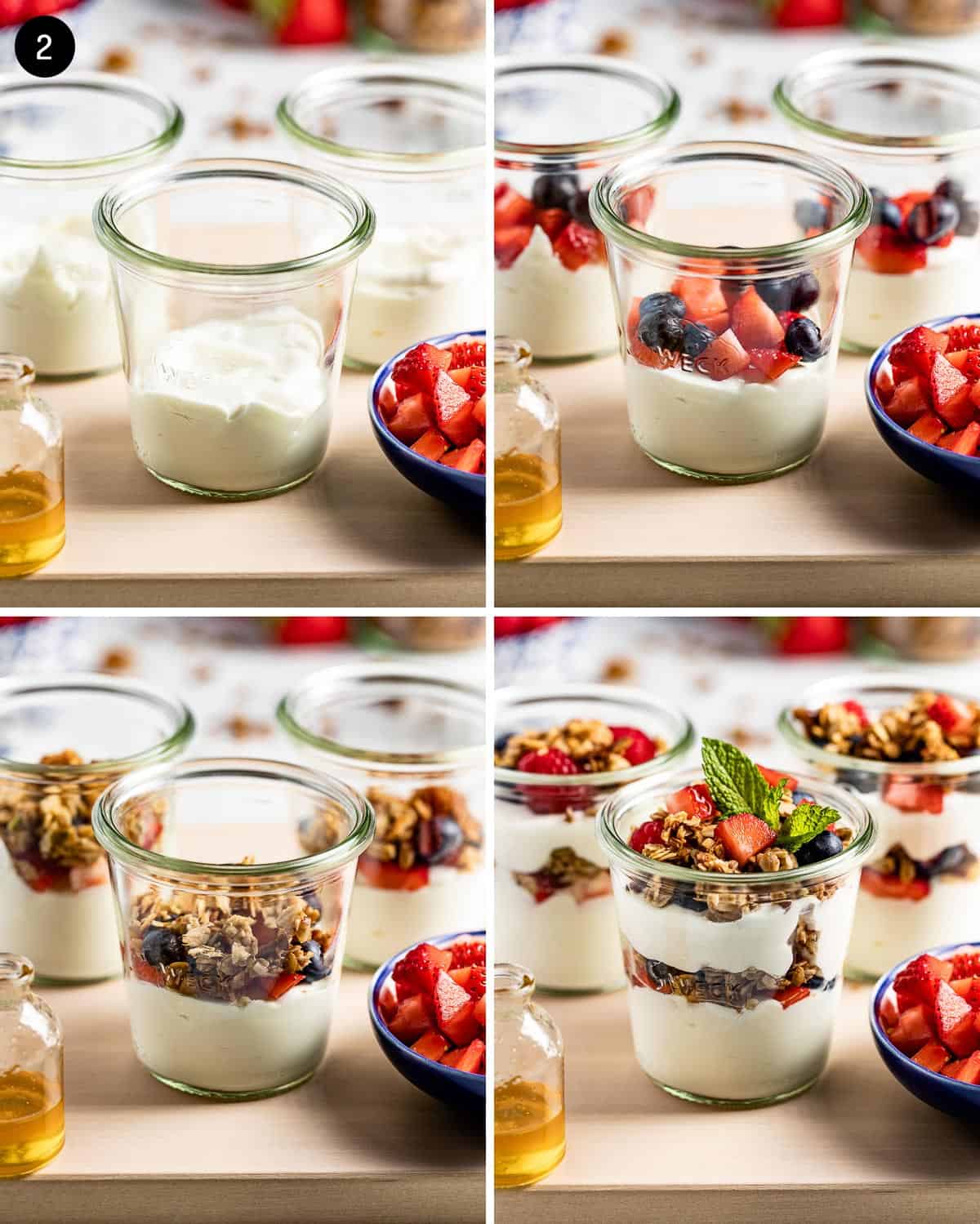 photos showing how to layer parfait with berries and granola