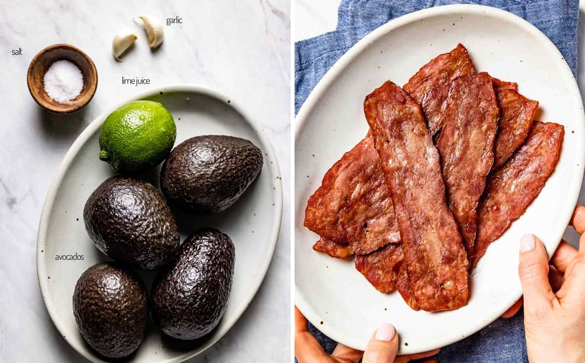 ingredients for guac and turkey bacon from the top view