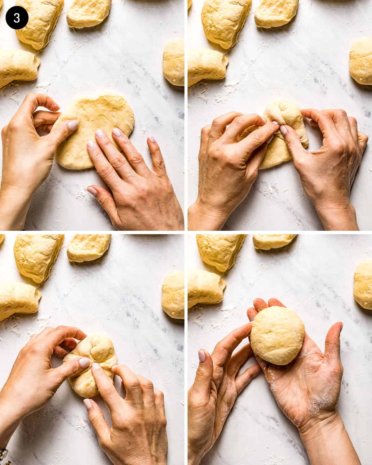 showing how to shape each dinner roll with images