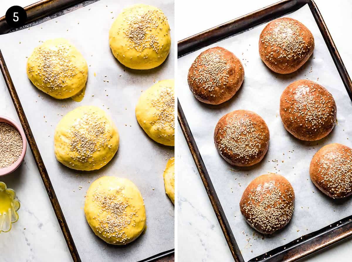 dinner rolls before and after they are baked on a sheet pan